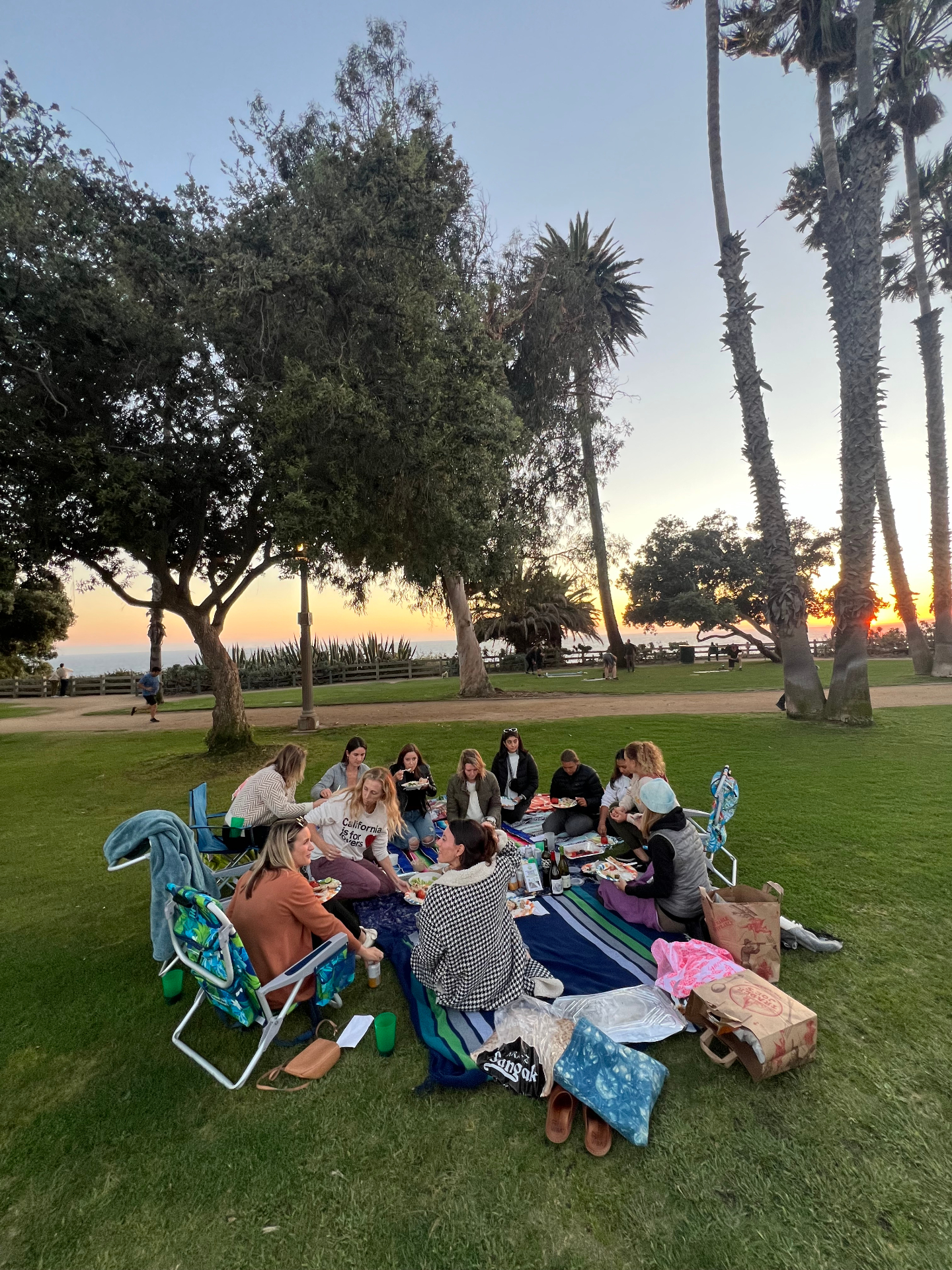 The OT by the Sea team sharing a sunset picnic together at a Santa Monica bluff overlooking the ocean