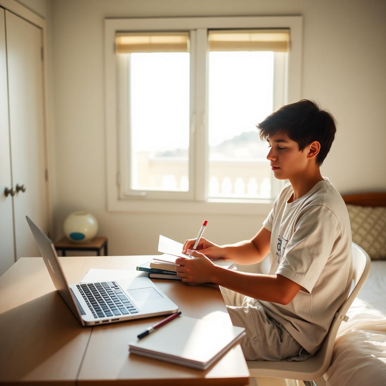 A teenager studying with a laptop and notebooks at a sunlit desk